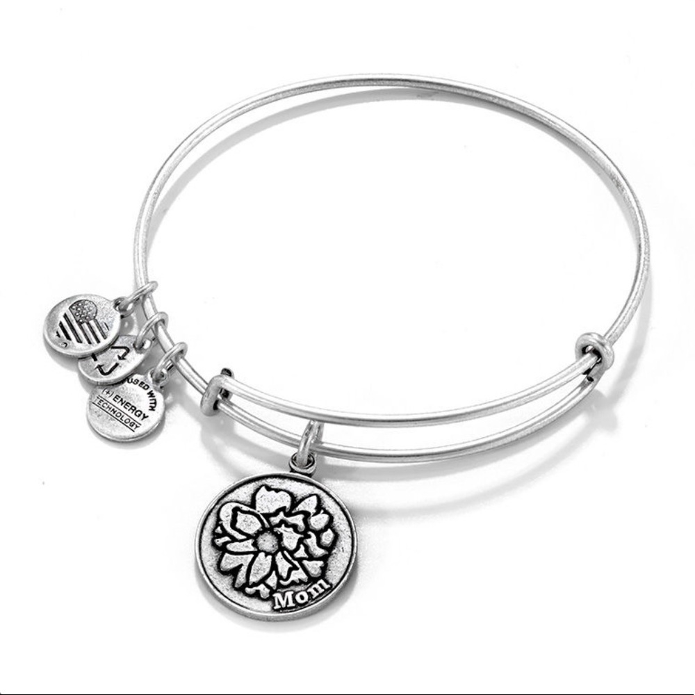 Alex and Ani "Mom" Peony Charm Bangle in Silver